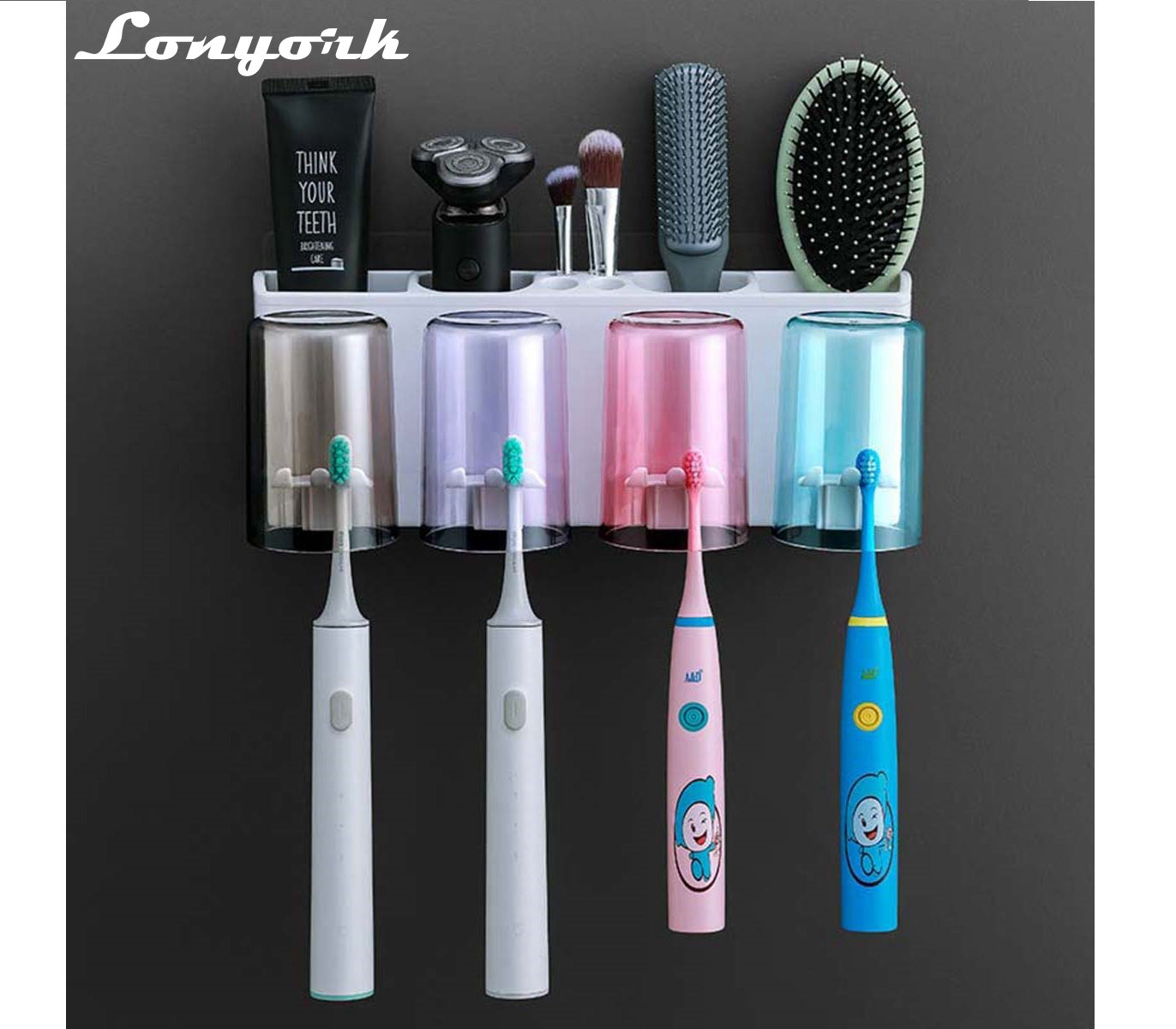 Lonyork Wall Mount Toothbrush Holder With 4 Cups